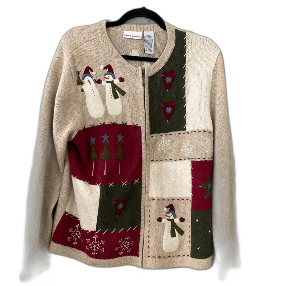 Croft & Barrow Winter Snowman Full Zip Cardigan Sweater women’s Size M Browns